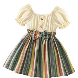 TAGAS Toddler Girls Striped Print Puff Sleeve Bow Front Dress || Stripe Pattern Dress for Kids || A Line Dress || Puff Sleeve Dress for Kids || Casual Dress (KD-202)